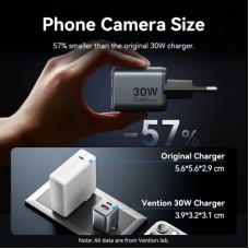 Зарядний пристрій Vention 1xUSB-C PD30W + 1xUSB QC 3.0 18 W GaN gray (FEWH0-EU) - Фото