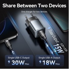 Зарядний пристрій Vention 1xUSB-C PD30W + 1xUSB QC 3.0 18 W GaN gray (FEWH0-EU) - Фото