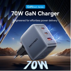 Зарядний пристрій Vention 2xUSB-C PD70W + 1xUSB QC 3.0 22.5 W GaN gray (FEXH0-EU) - Фото
