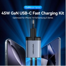 Зарядний пристрій Vention 2xUSB-C PD45W GaN + cable USB-C to USB-C 1.0m 5A gray (TZ-FCFH0-EU) - Фото