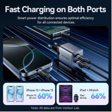 Зарядний пристрій Vention 2xUSB-C PD45W GaN + cable USB-C to USB-C 1.0m 5A gray (TZ-FCFH0-EU) - Фото
