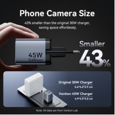 Зарядний пристрій Vention 2xUSB-C PD45W GaN + cable USB-C to USB-C 1.0m 5A gray (TZ-FCFH0-EU) - Фото
