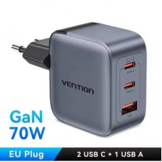 Зарядний пристрій Vention 1xUSB-C PD70W + 1xUSB QC 3.0 22.5 W GaN + cable USB-C to USB-C 1.0m 5 A gray (TZ-FCGH0-EU) - Фото