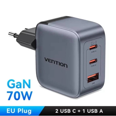 Зарядний пристрій Vention 1xUSB-C PD70W + 1xUSB QC 3.0 22.5 W GaN + cable USB-C to USB-C 1.0m 5 A gray (TZ-FCGH0-EU)