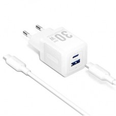 Зарядное устройство Vention 1xUSB-C PD30W + 1xUSB QC3.0 30W GaN + cable USB-C to USB-C 1.0m white (TZ-FEQW0-EU-01) - Фото