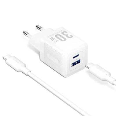 Зарядное устройство Vention 1xUSB-C PD30W + 1xUSB QC3.0 30W GaN + cable USB-C to USB-C 1.0m white (TZ-FEQW0-EU-01)