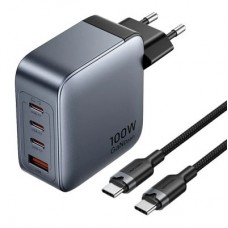 Зарядний пристрій Vention 3xUSB-C PD100W + 1xUSB QC 3.0 30 W GaN + cable USB-C to USB-C 1.0m gray (TZ-FETH0-EU) - Фото