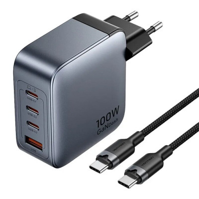 Зарядний пристрій Vention 3xUSB-C PD100W + 1xUSB QC 3.0 30 W GaN + cable USB-C to USB-C 1.0m gray (TZ-FETH0-EU)