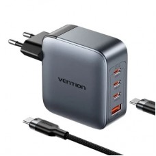 Зарядний пристрій Vention 3xUSB-C PD100W + 1xUSB QC 3.0 30 W GaN + cable USB-C to USB-C 1.0m gray (TZ-FETH0-EU) - Фото