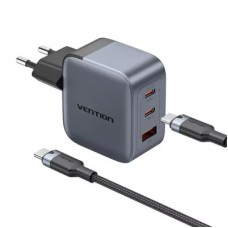Зарядний пристрій Vention 2xUSB-C PD70W + 1xUSB QC 3.0 22.5 W GaN + cable USB-C to USB-C 1.0 m black gray (TZ-FEXH0-EU) - Фото