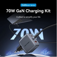 Зарядний пристрій Vention 2xUSB-C PD70W + 1xUSB QC 3.0 22.5 W GaN + cable USB-C to USB-C 1.0 m black gray (TZ-FEXH0-EU) - Фото