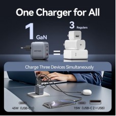Зарядний пристрій Vention 2xUSB-C PD70W + 1xUSB QC 3.0 22.5 W GaN + cable USB-C to USB-C 1.0 m black gray (TZ-FEXH0-EU) - Фото