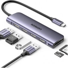 Концентратор Ugreen USB-C 6-in-1 3xUSB 3.0 + HDMI 4K@30Hz + SD/TF silver (20956A) - Фото
