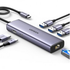 Концентратор Ugreen USB-C 6-in-1 3xUSB 3.0 + HDMI 4K@30Hz + RJ45 1000Mbps + PD silver (15598) - Фото