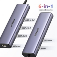 Концентратор Ugreen USB-C 6-in-1 3xUSB 3.0 + HDMI 4K@30Hz + RJ45 1000Mbps + PD silver (15598) - Фото