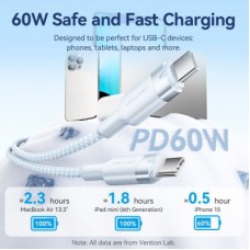 Дата кабель USB-C to USB-C 1.0m 60 W aluminum alloy white Vention (TRDWF) - Фото