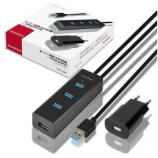 Концентратор AXAGON USB 3.1 to 4xUSB 3.0 1.2m + power adapter + cable USB to Micro 5P black (HUE-S2BP) - Фото