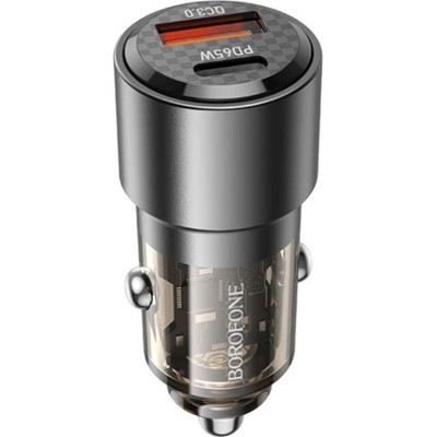 Зарядний пристрій BOROFONE 1xUSB-C PD65W + 1xUSB QC 3.0 83W car adapter transparent black (6941991101625)