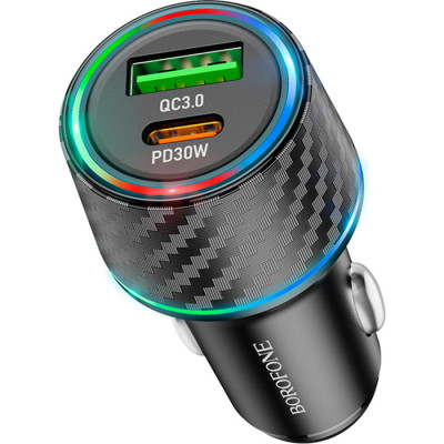 Зарядний пристрій BOROFONE 1xUSB-C PD30W + 1xUSB QC 3.0 48 W car adapter black (6941991101175)