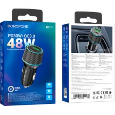 Зарядний пристрій BOROFONE 1xUSB-C PD30W + 1xUSB QC 3.0 48 W car adapter black (6941991101175) - Фото