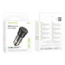 Зарядний пристрій BOROFONE 1xUSB-C PD + 1xUSB 38W car adapter transparent black (6941991106965) - Фото