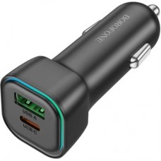 Зарядний пристрій BOROFONE 1xUSB-C PD30W + 1xUSB QC3.0 car adapter black (6941991110818) - Фото