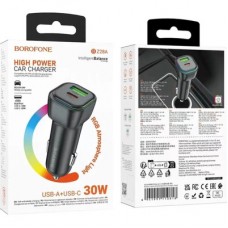Зарядний пристрій BOROFONE 1xUSB-C PD30W + 1xUSB QC3.0 car adapter black (6941991110818) - Фото