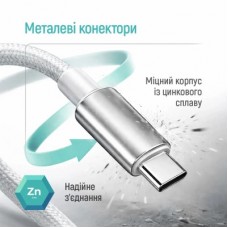 Дата кабель USB 2.0 AM to USB-C 1.0m 3A zinc alloy braided white ColorWay (CW-CBUC098-WT) - Фото