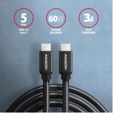 Дата кабель USB-C to USB-C 3.0m v3.2 Gen 1 PD 60W 3A black AXAGON (BUCM3-CM30AB) - Фото