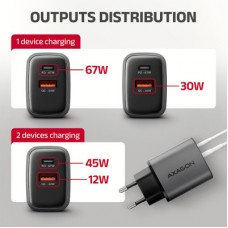 Зарядний пристрій AXAGON 1xUSB-C PD67W + 1xUSB QC4+ PPS gray (ACU-PQ67) - Фото