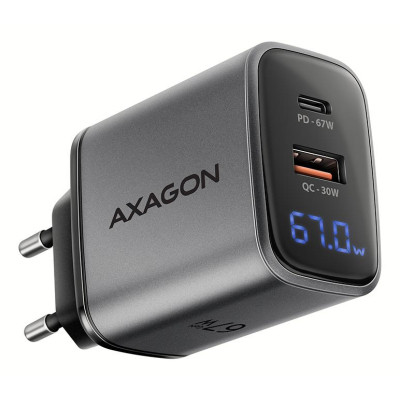 Зарядное устройство AXAGON 1xUSB-C PD67W + 1xUSB QC4+ PPS display gray (ACU-PQ67D)