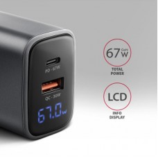 Зарядний пристрій AXAGON 1xUSB-C PD67W + 1xUSB QC4+ PPS display gray (ACU-PQ67D) - Фото