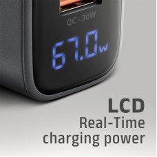 Зарядний пристрій AXAGON 1xUSB-C PD67W + 1xUSB QC4+ PPS display gray (ACU-PQ67D) - Фото