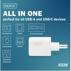 Зарядний пристрій Digitus 1xUSB-C + 1xUSB PD45W GaN white (DA-10302) - Фото