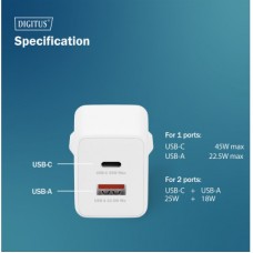 Зарядний пристрій Digitus 1xUSB-C + 1xUSB PD45W GaN white (DA-10302) - Фото