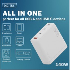 Зарядний пристрій Digitus 3xUSB-C + 1xUSB PD140W GaN white (DA-10305) - Фото