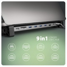 Концентратор AXAGON USB-C 9-in-1 4xUSB 3.2 + 2xUSB-C + HDMI + SD/TF + RJ45 1000Mbps + PD 100W black/gray (HMC-10HLS) - Фото