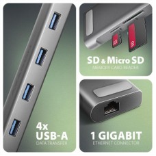 Концентратор AXAGON USB-C 9-in-1 4xUSB 3.2 + 2xUSB-C + HDMI + SD/TF + RJ45 1000Mbps + PD 100W black/gray (HMC-10HLS) - Фото