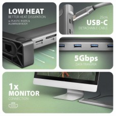 Концентратор AXAGON USB-C 9-in-1 4xUSB 3.2 + 2xUSB-C + HDMI + SD/TF + RJ45 1000Mbps + PD 100W black/gray (HMC-10HLS) - Фото