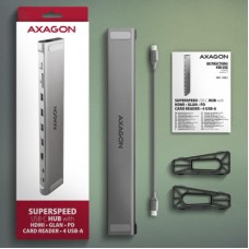Концентратор AXAGON USB-C 9-in-1 4xUSB 3.2 + 2xUSB-C + HDMI + SD/TF + RJ45 1000Mbps + PD 100W black/gray (HMC-10HLS) - Фото