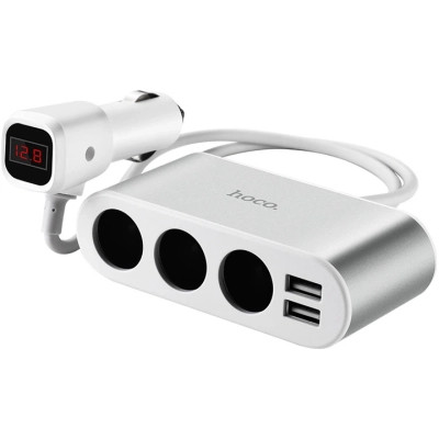 Зарядний пристрій HOCO 2xUSB 10.5 W + 3x car socket silver (6957531050896)
