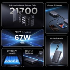 Батарея універсальна Ugreen 20000 mAh 67W Cable Space gray (U_55996B) - Фото