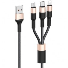 Дата кабель USB 2.0 AM to Lightning + USB-C + Micro 5P 1.0m 2A nylon X26 black+gold HOCO (6957531080275) - Фото