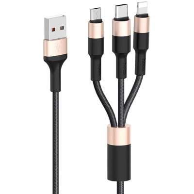 Дата кабель USB 2.0 AM to Lightning + USB-C + Micro 5P 1.0m 2A nylon X26 black+gold HOCO (6957531080275)