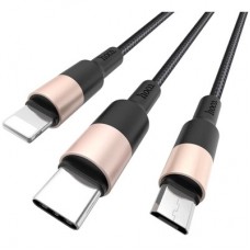 Дата кабель USB 2.0 AM to Lightning + USB-C + Micro 5P 1.0m 2A nylon X26 black+gold HOCO (6957531080275) - Фото