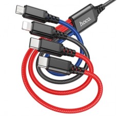 Дата кабель USB 2.0 AM to Lightning + Micro 5P + USB-C 1.0m 2A nylon X76 black+red+blue HOCO (6931474768650) - Фото