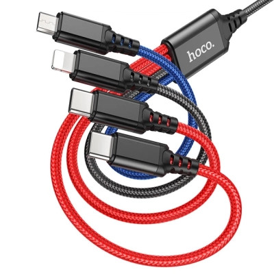 Дата кабель USB 2.0 AM to Lightning + Micro 5P + USB-C 1.0m 2A nylon X76 black+red+blue HOCO (6931474768650)