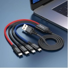 Дата кабель USB 2.0 AM to Lightning + Micro 5P + USB-C 1.0m 2A nylon X76 black+red+blue HOCO (6931474768650) - Фото