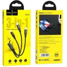 Дата кабель USB 2.0 AM to Lightning + Micro 5P + USB-C 1.0m 2A X14 black HOCO (6931474719157) - Фото