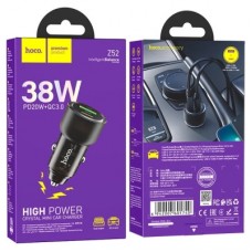 Зарядний пристрій HOCO 1xUSB-C PD38W + 1xUSB car adapter transparent Z52 black (6942007601740) - Фото